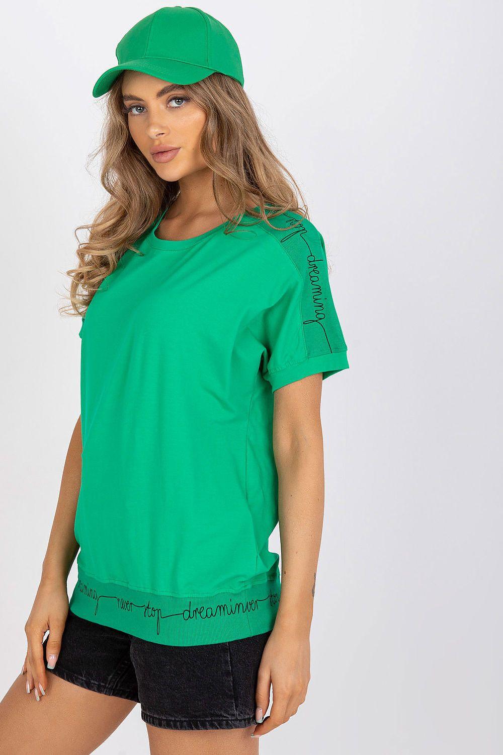 Green cotton blouse with short sleeves and round neck, script detail on side sleeve