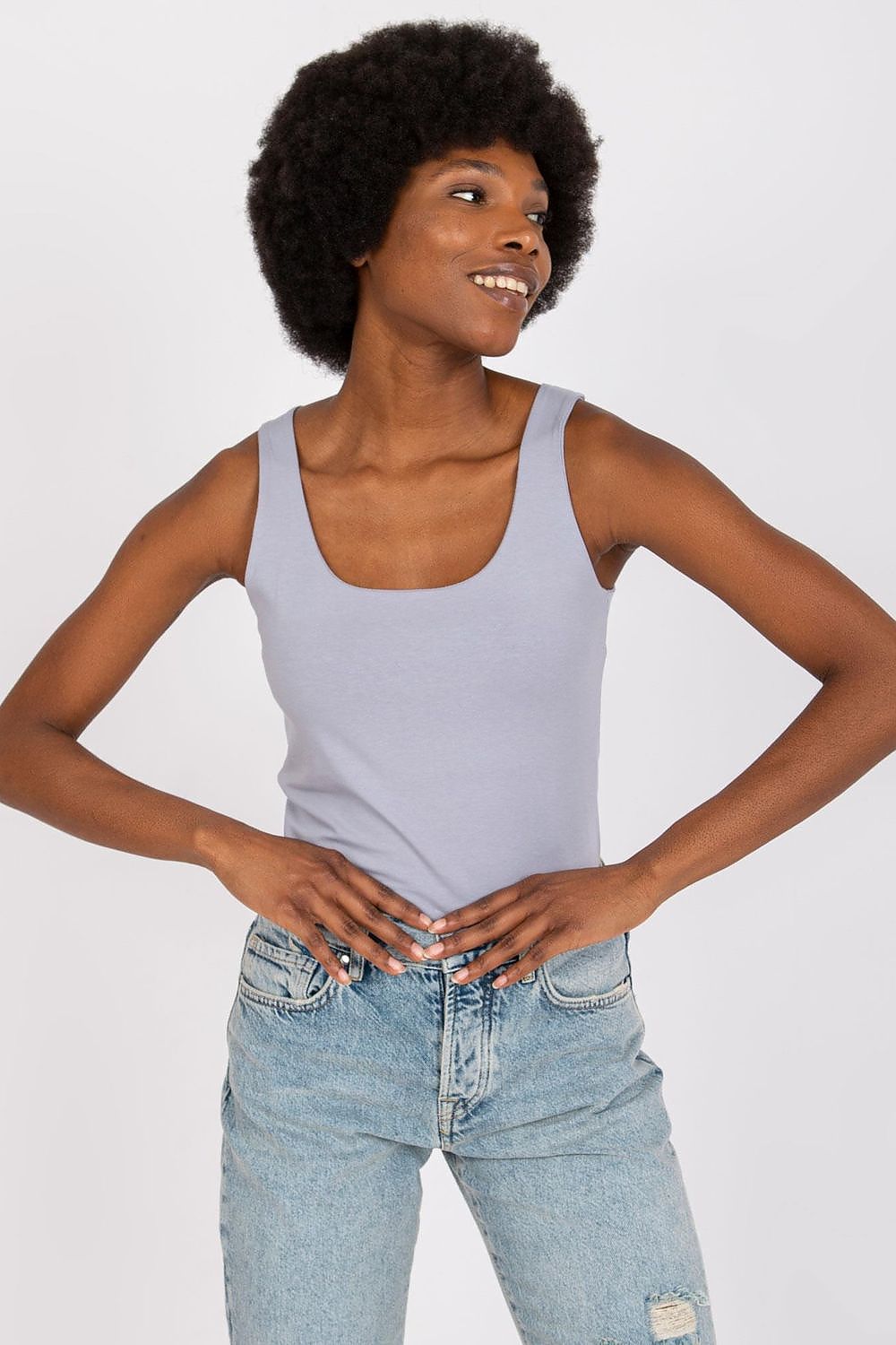 Light grey sleeveless scoop-neck top with a straight neckline
