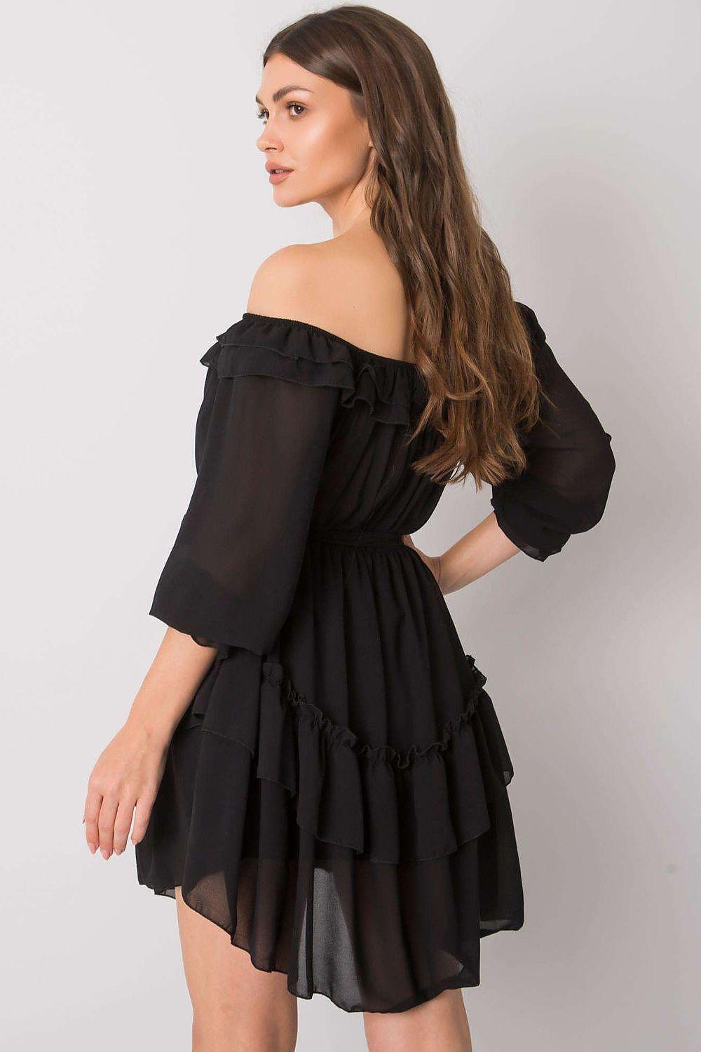 Black off-shoulder day dress with tiered ruffles, waist tie belt, three-quarter sleeves