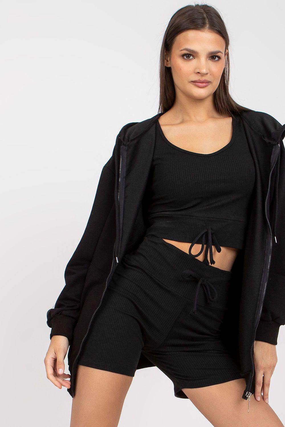 Women's black 3-piece outfit set with open jacket, cropped top, drawstring shorts
