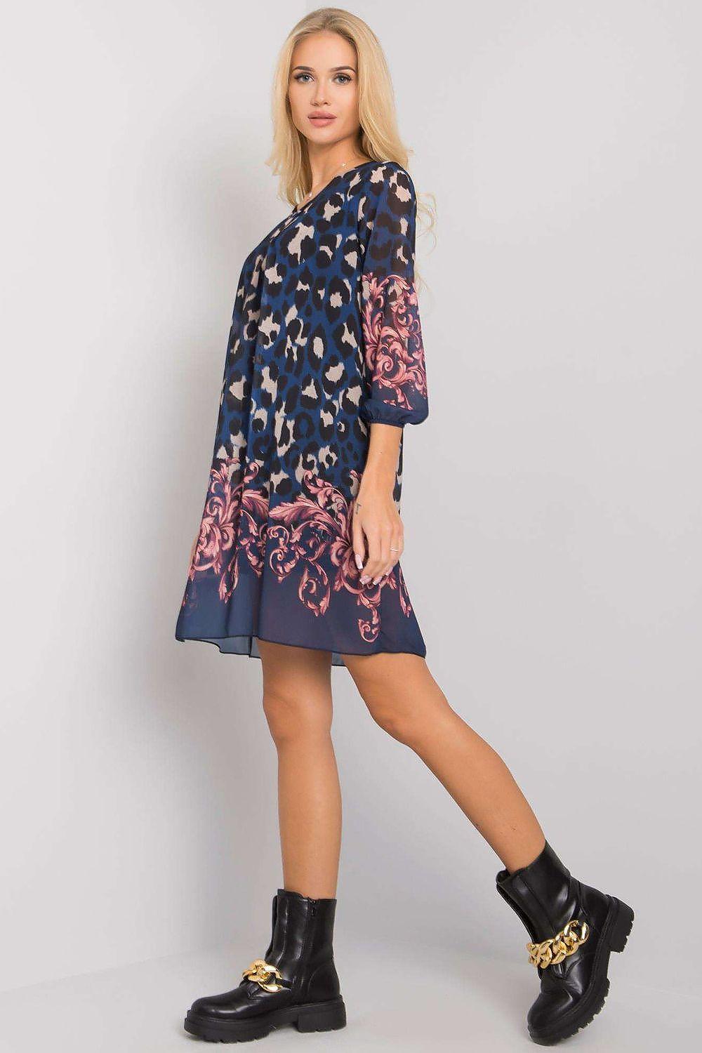Och Bella daydress in navy with leopard print and pink ornate panel along hem