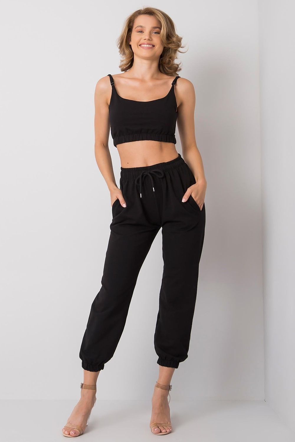 Black adjustable crop top and drawstring jogger pants, sleeveless set