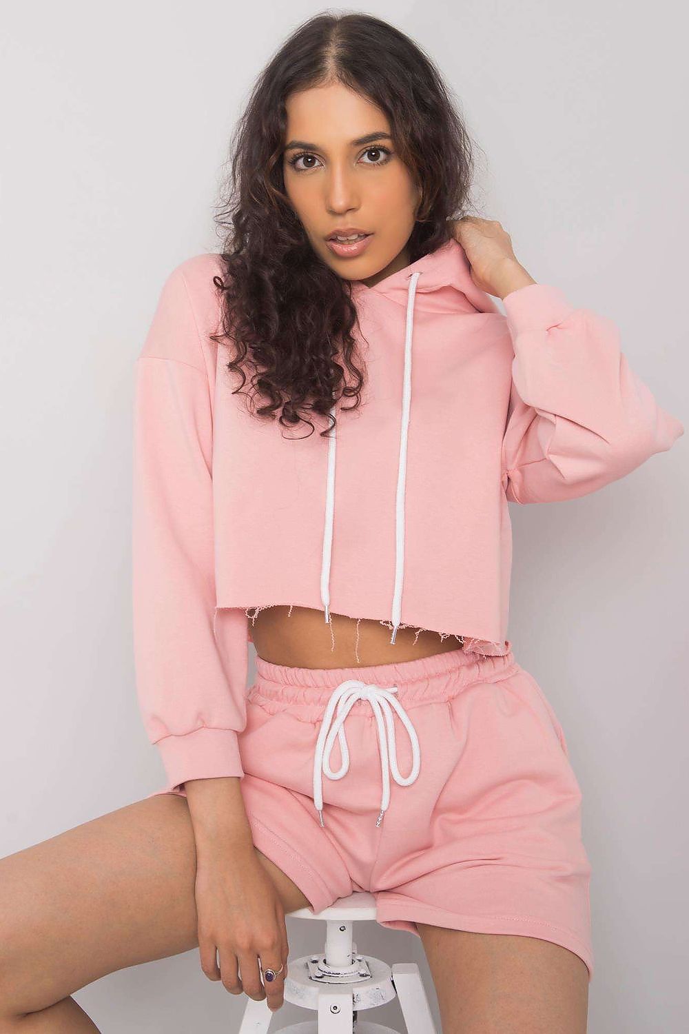 Pink cotton zip hoodie and drawstring shorts set, cropped fit with white strings