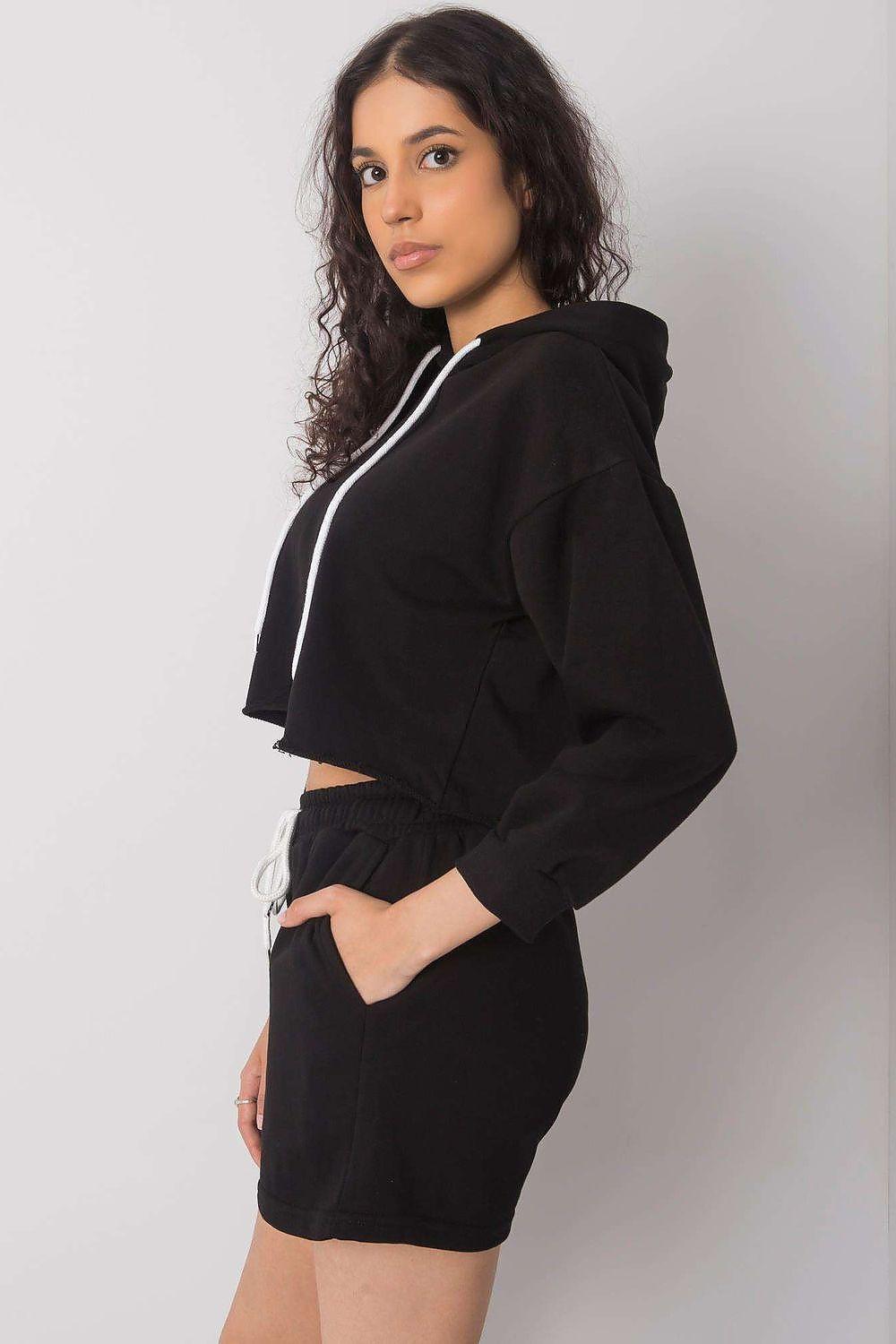 Black two-piece hoodie and shorts set, side view with hood and white drawstrings