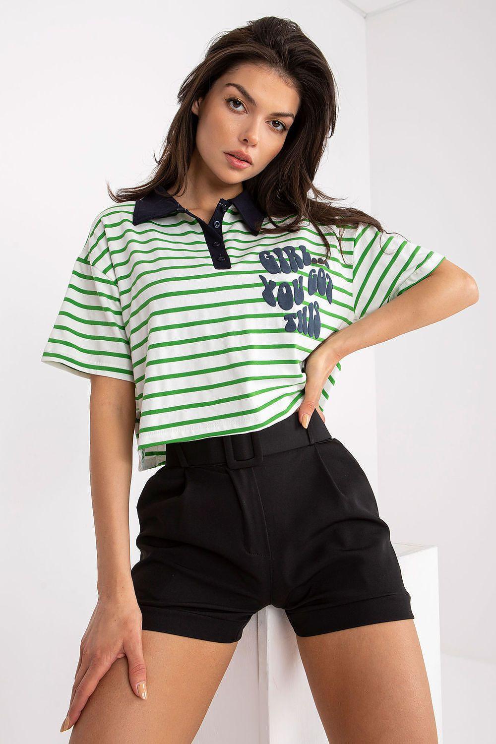 Green striped polo blouse with navy collar and decorative front print