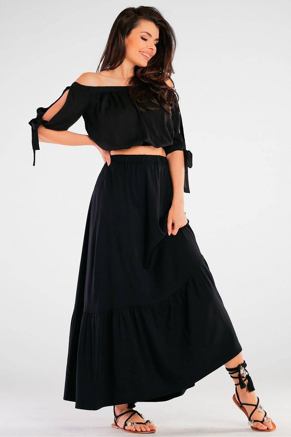 Long maxi skirt with frill hem and elastic waist, dark black