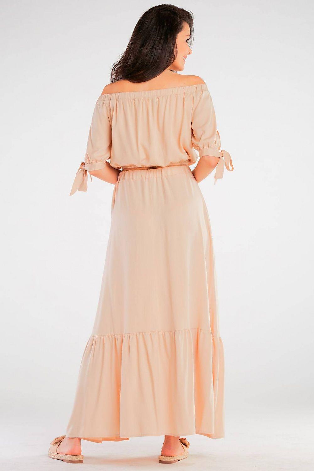 Beige off-shoulder tiered blouse with tiered hem and ribbon-tied sleeves