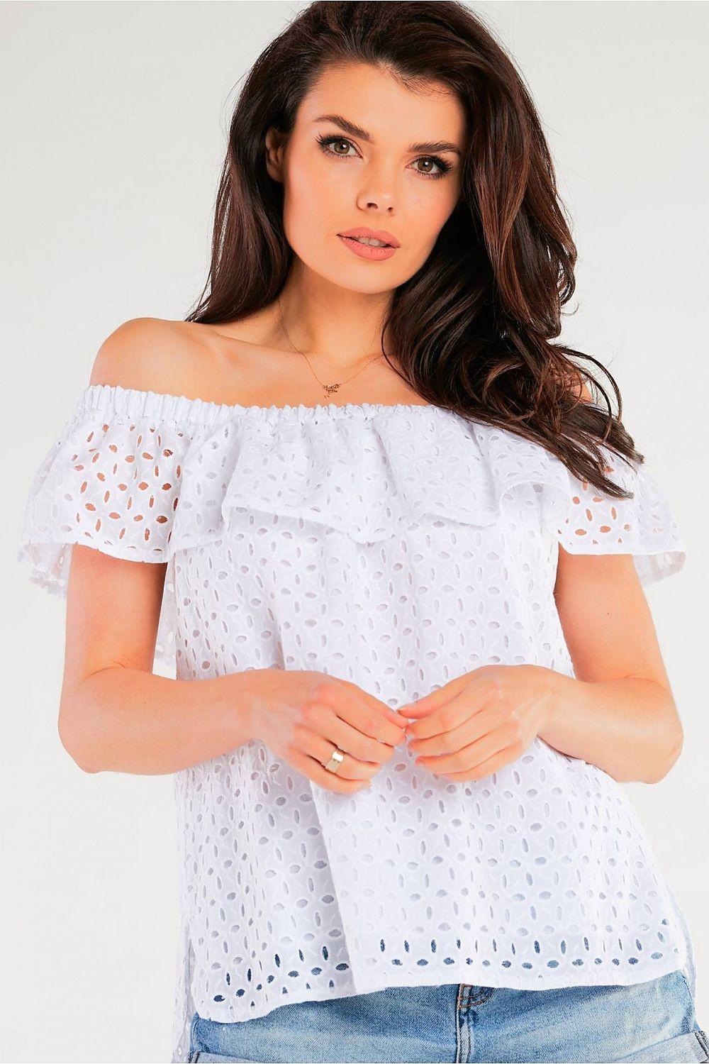 White off-shoulder blouse with short ruffle sleeves and delicate cutout embroidery