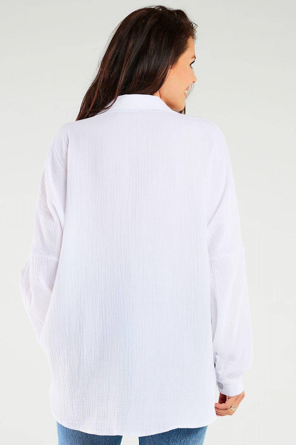 White long-sleeve shirt, back view, button placket details, textured fabric
