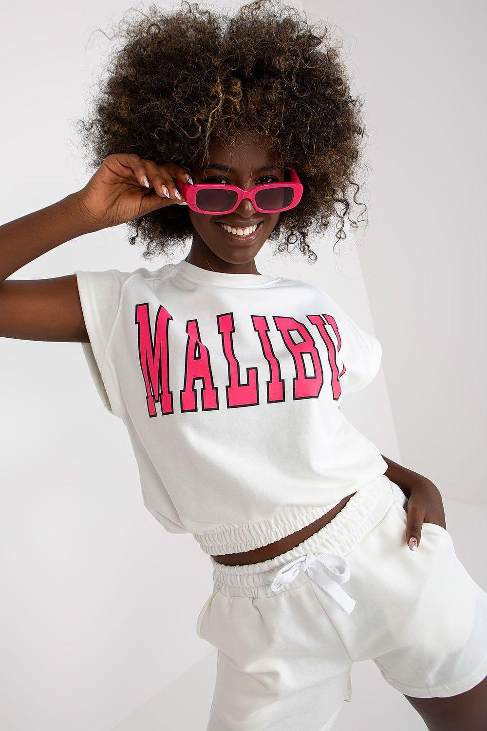 White sleeveless cropped top and drawstring shorts set, bold front lettering