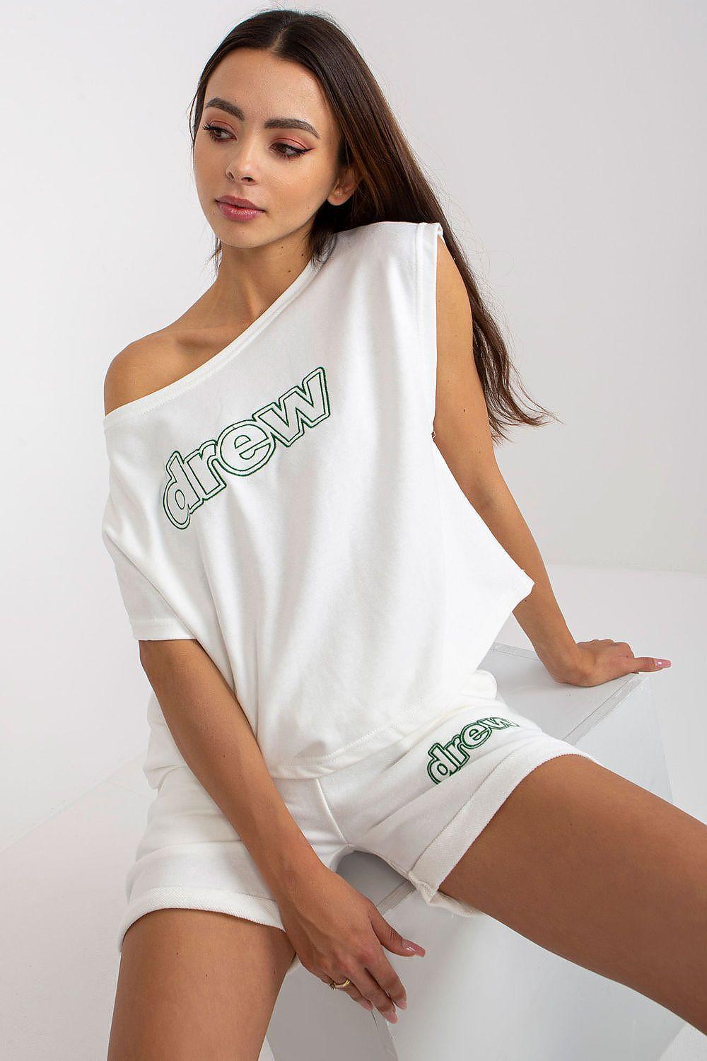 White cotton tracksuit set with one-shoulder sleeveless top and matching shorts