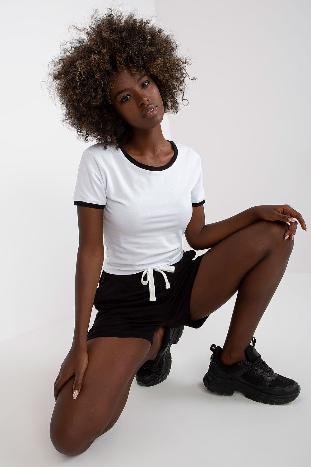 Ladies cotton set with white T-shirt and black drawstring shorts, short sleeves