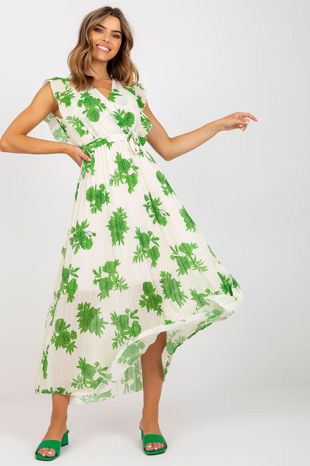 Green floral sleeveless daydress, V-neck, gathered waist, mid-calf A-line skirt