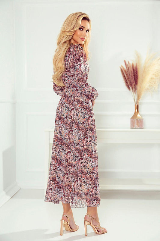 Numoco daydress V-neck paisley print, burgundy and pink, long sleeves