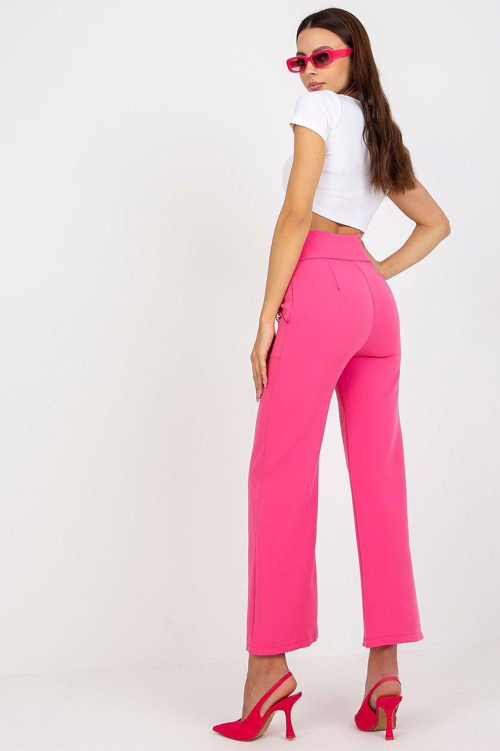Pink high-waist wide-leg trousers with front button closures
