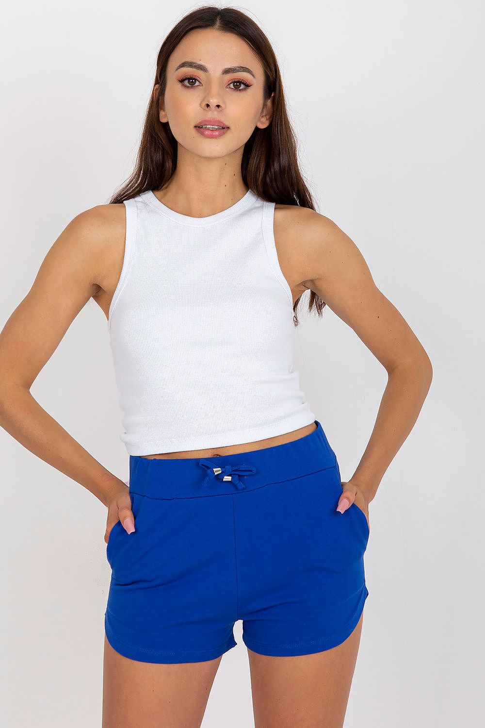 Blue high-waisted sweatshorts with drawstring and front pockets