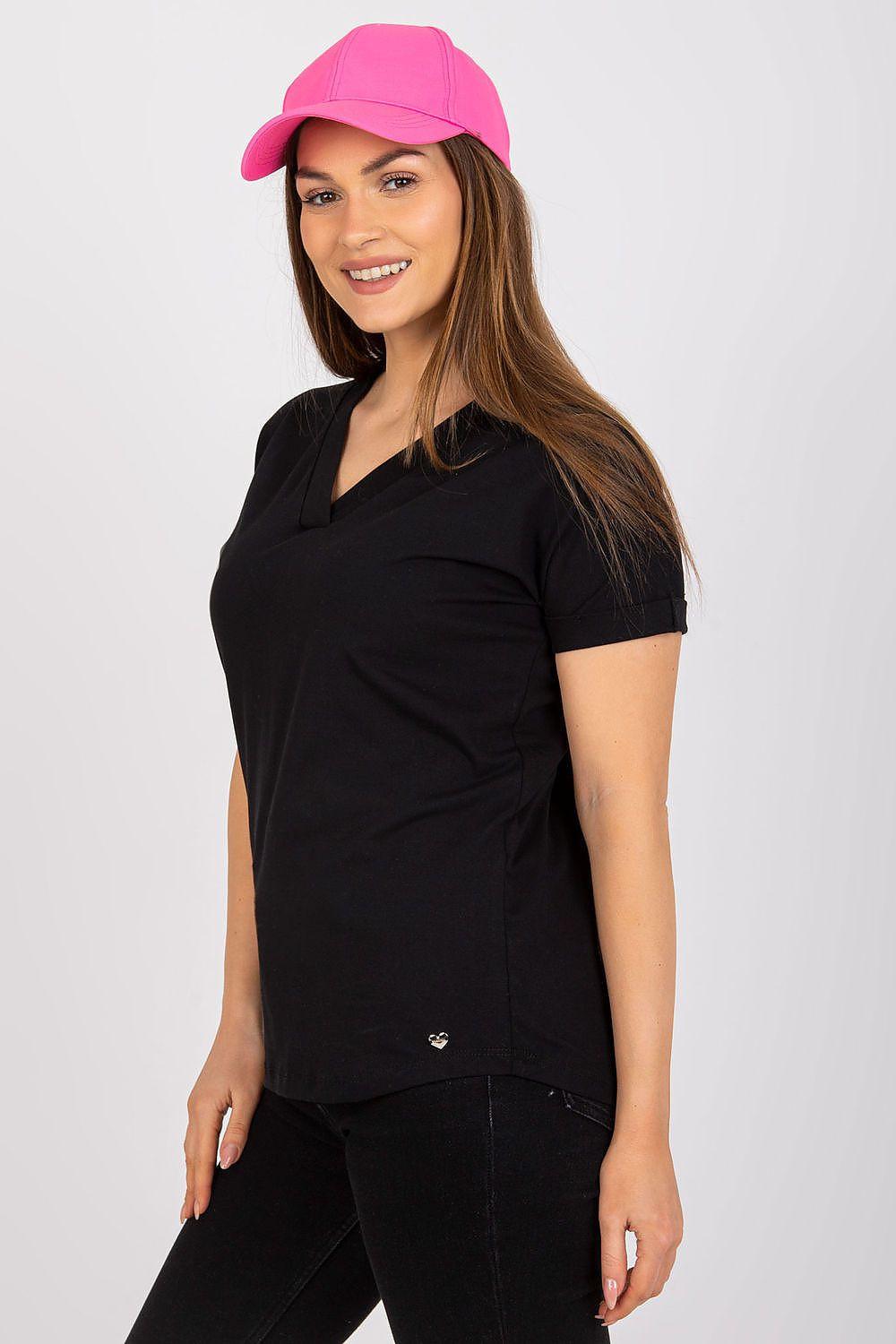 Black V-neck T-shirt with short sleeves and small chest logo