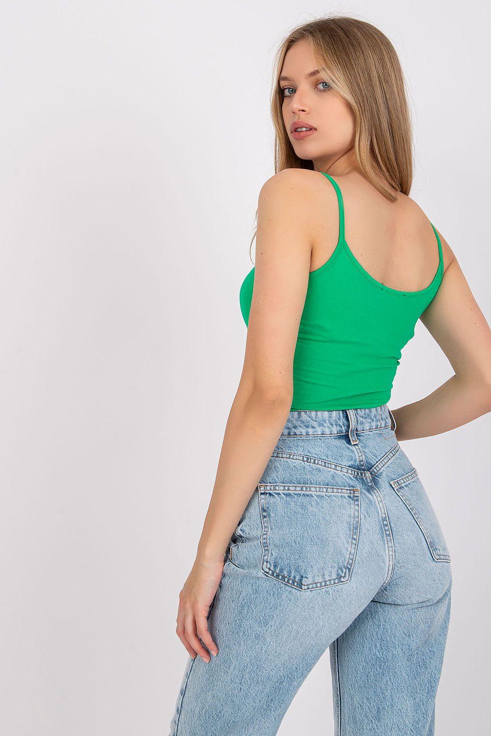 Green scoop-neck sleeveless tank top with thin straps, angled view