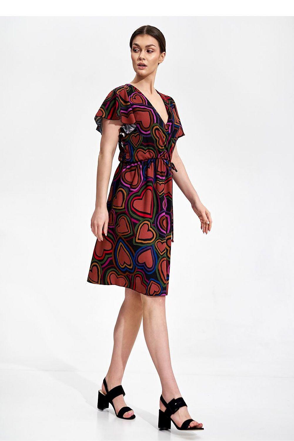 Multicolor heart-print daydress with V-neck, short sleeves and tied waist, above-knee