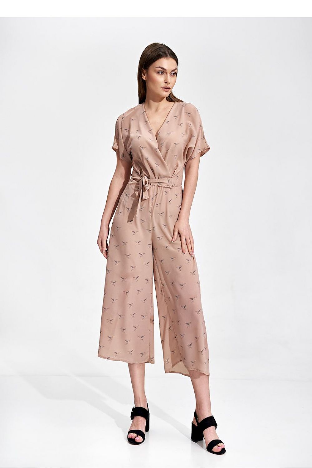 Pink kimono-sleeve wide-leg jumpsuit with V-neck and waist tie belt