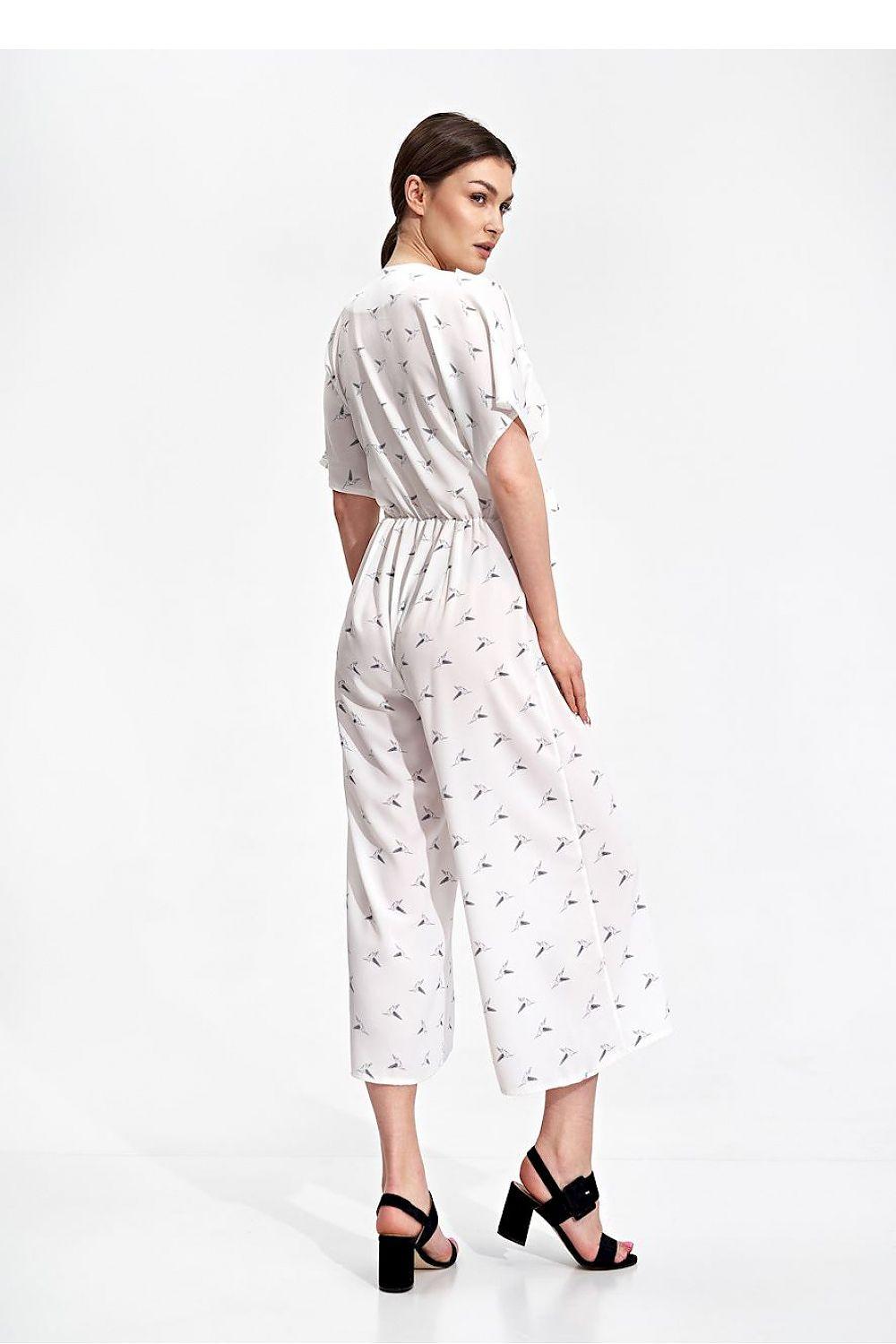 Cream kimono-sleeve jumpsuit with allover print, belted waist, cropped 7/8 legs