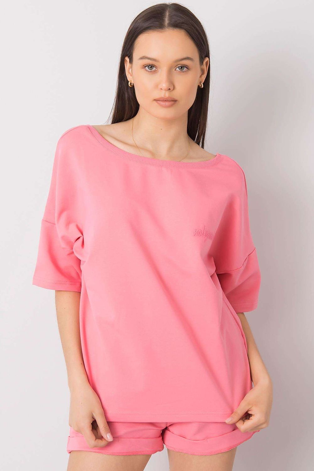 Pink cotton lounge set with relaxed-fit short-sleeve top and shorts
