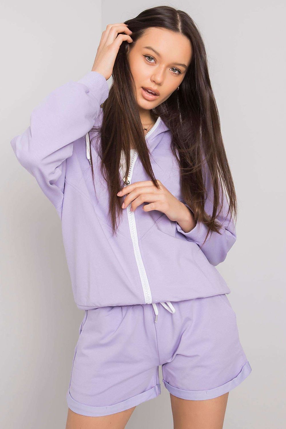 Violet cotton-blend tracksuit set with zip hoodie and matching drawstring shorts