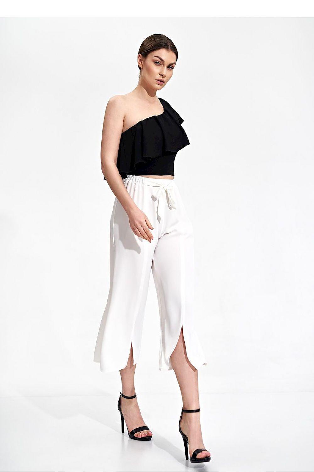Women trousers in white with gathered tie waist, wide legs, and front slit hem