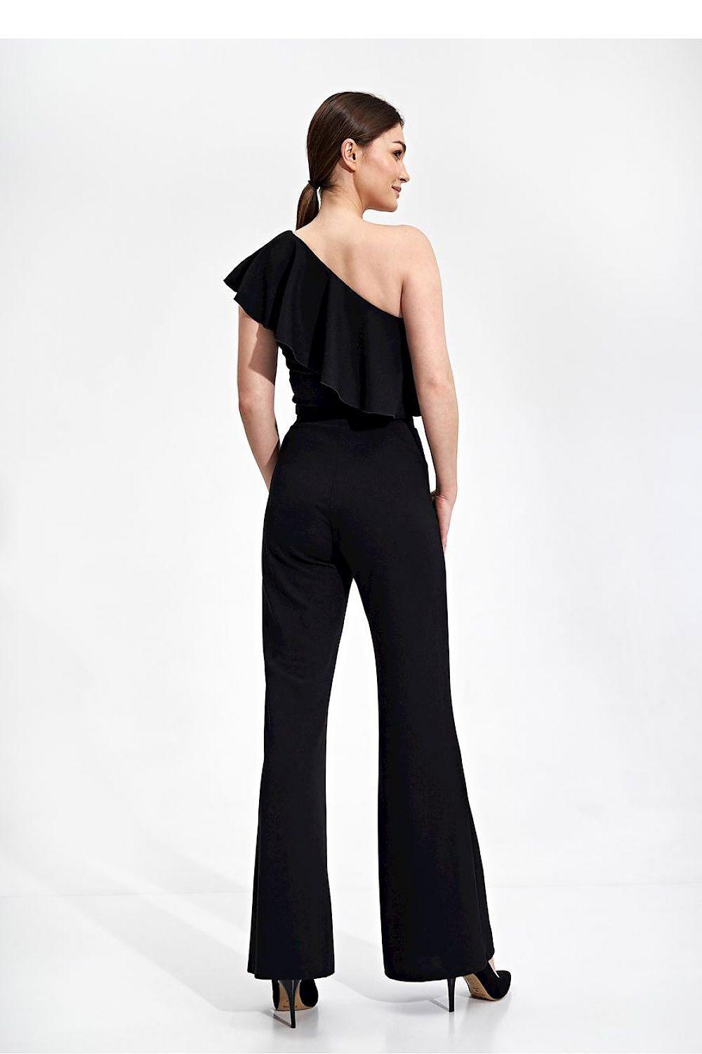 Black one-shoulder ruffle blouse with open-back cut and layered shoulder