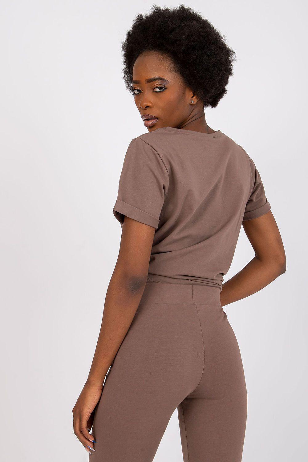Brown short-sleeve fitted T-shirt with crew neckline, side view