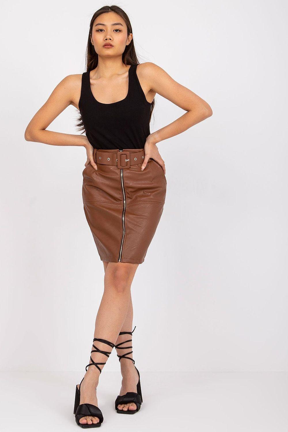 Brown leather-look pencil skirt with front zipper and wide belt