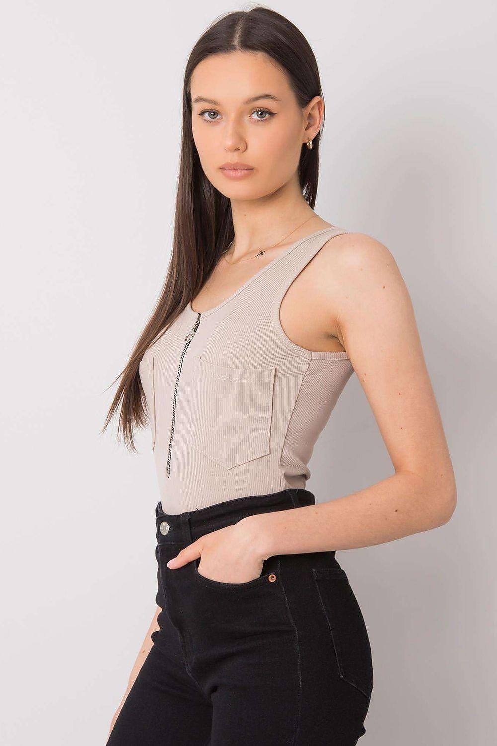 Beige sleeveless tank top with scoop neck, chest pocket and zip front