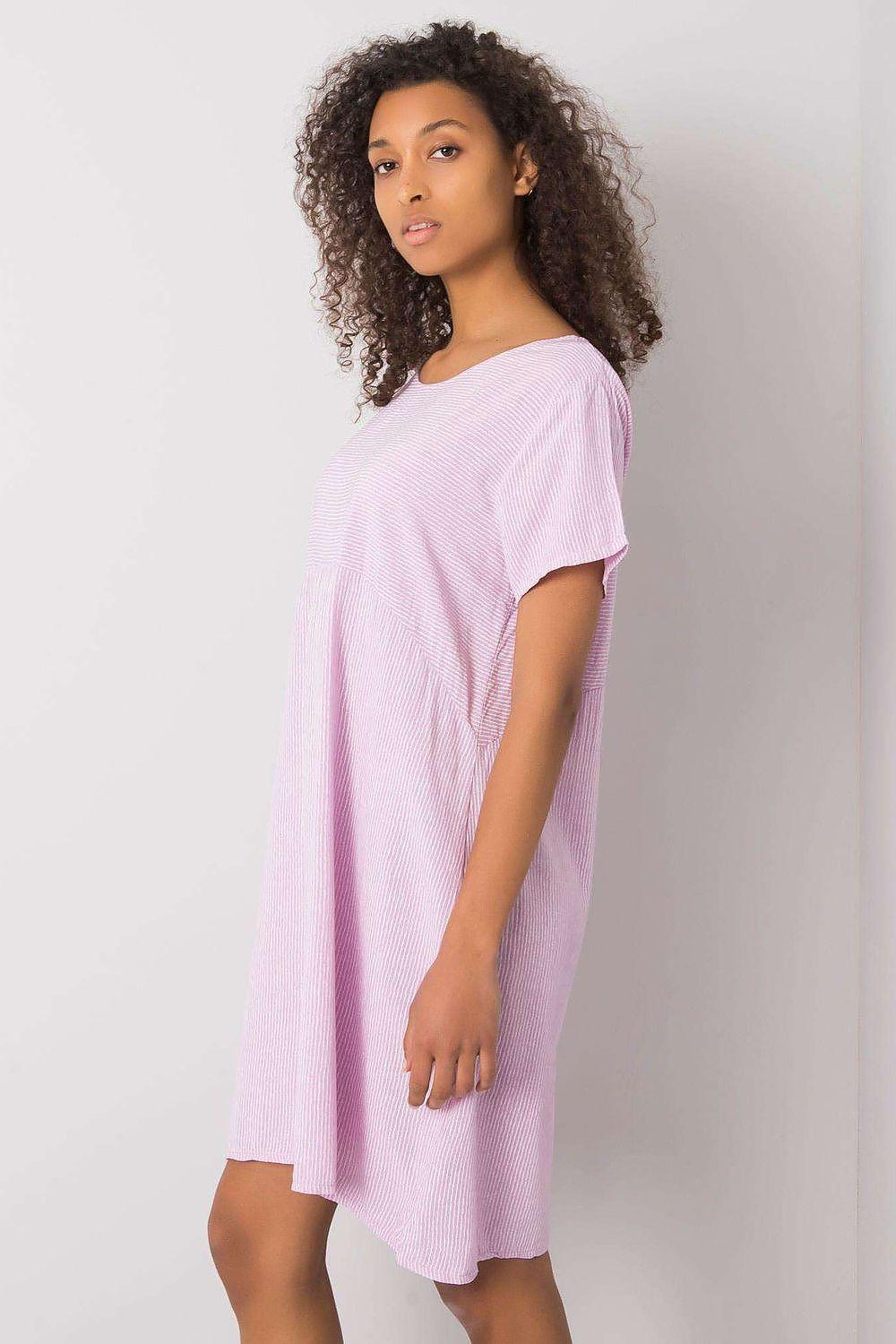 Violet short-sleeve daydress with crew neck, side view, above-knee length