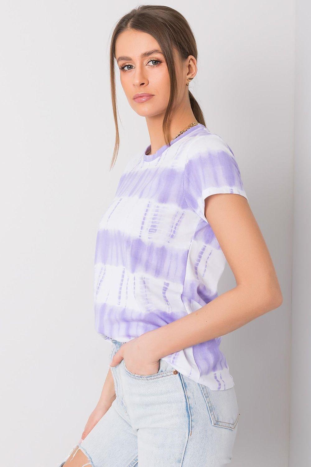 Purple and white tie-dye crew-neck T-shirt, short sleeves, side view