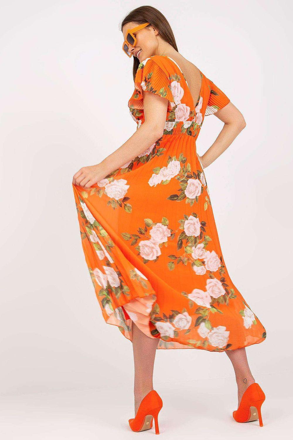 Orange floral daydress with puff sleeves, V-neck, flared midi skirt