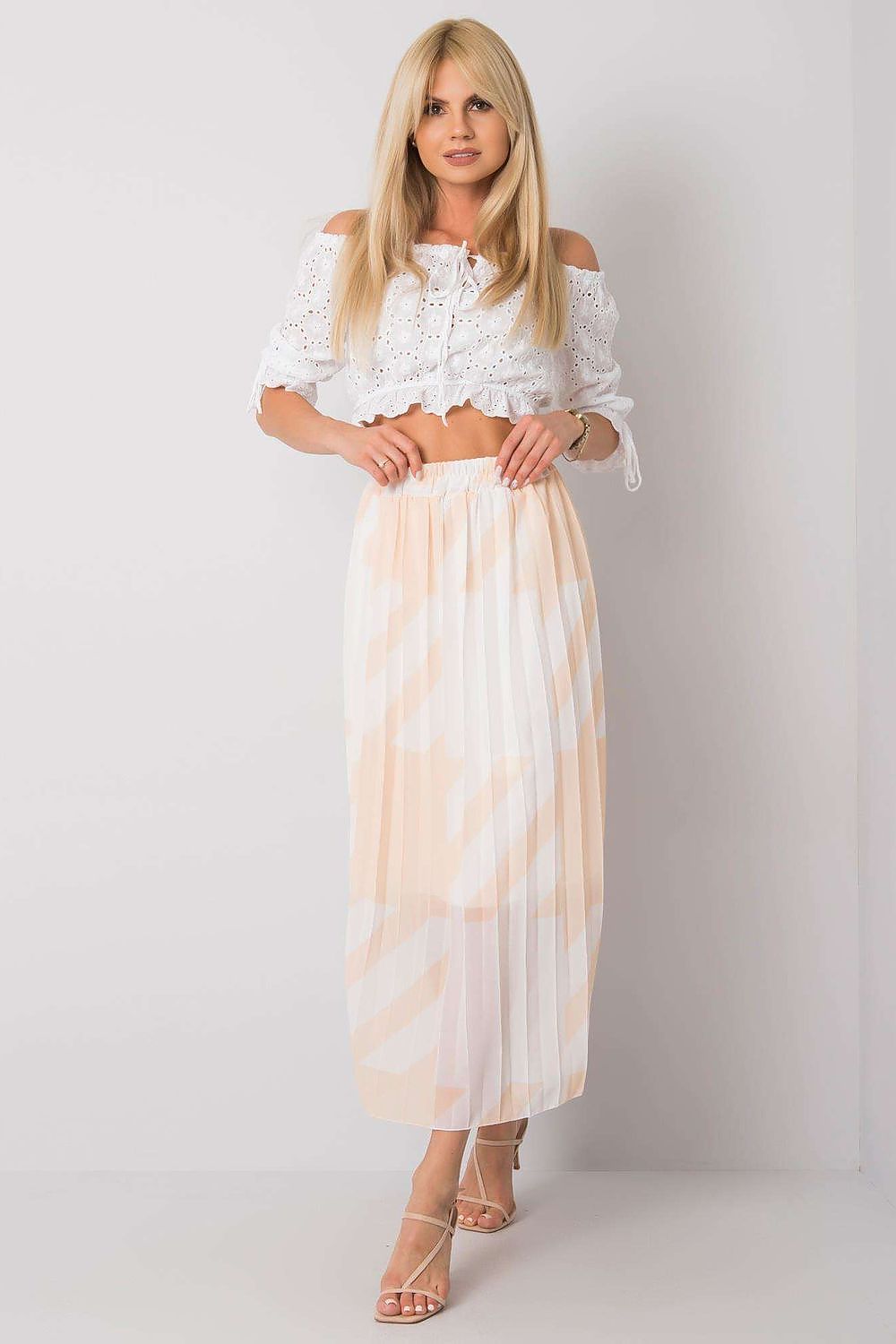 Beige and cream striped pleated skirt, midi length