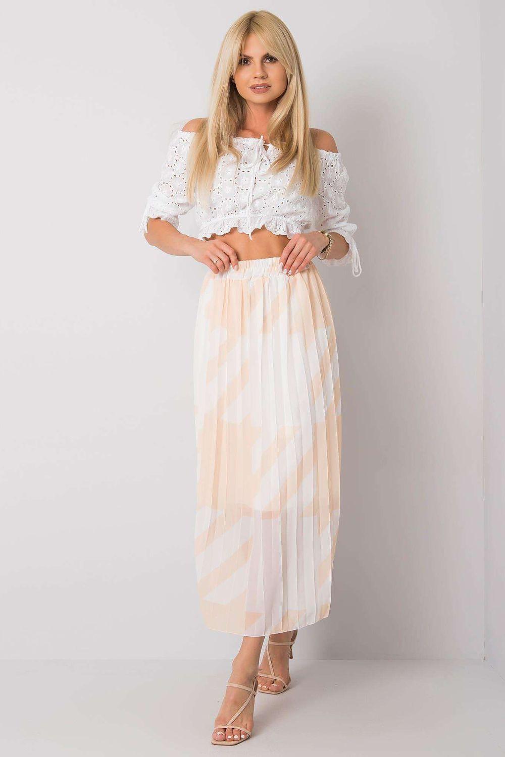 Beige pleated maxi skirt with vertical striped pattern