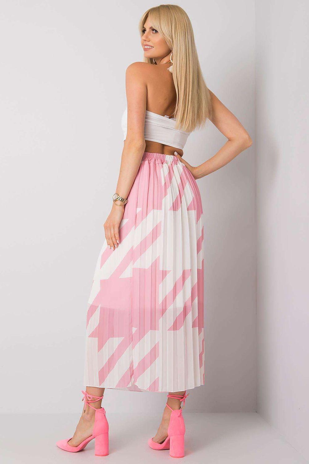 Pink and white pleated midi skirt with diagonal stripe pattern, back view