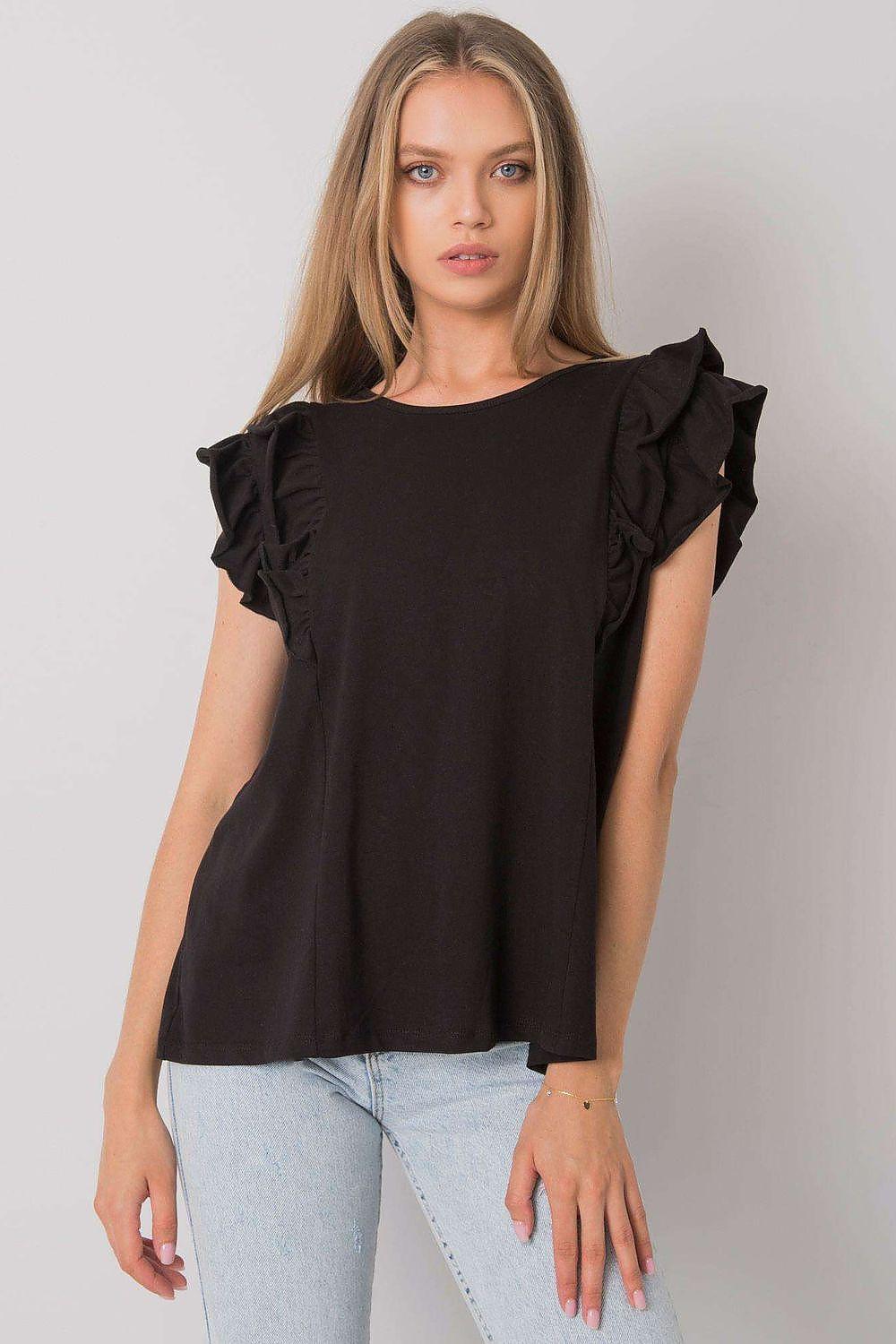 Black cotton blouse with frill cap sleeves and round neckline
