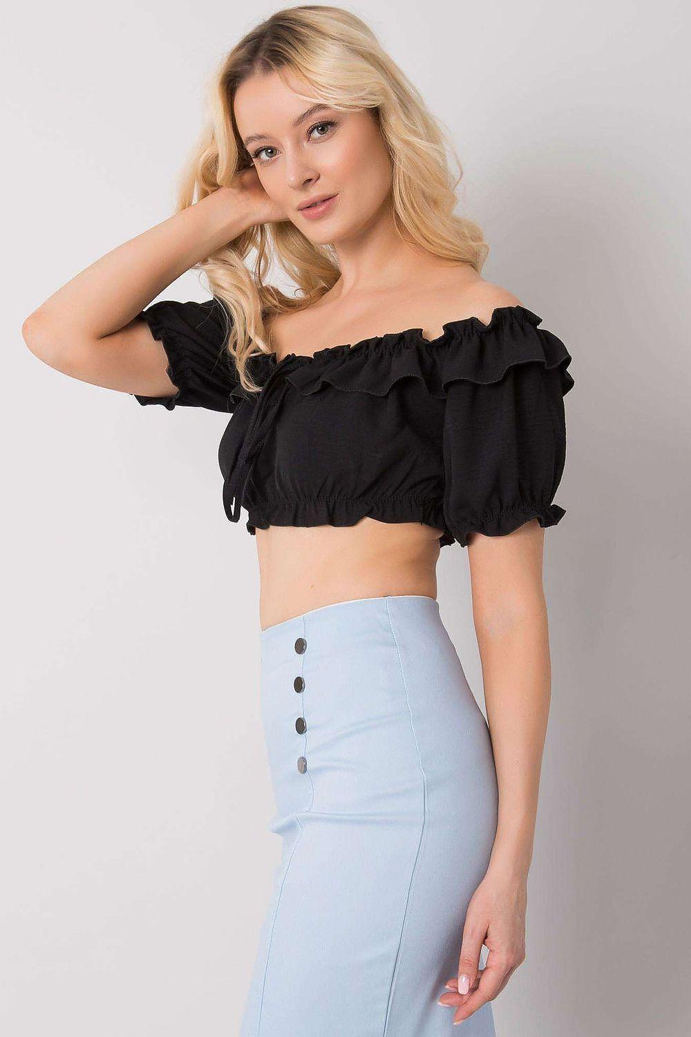 Och Bella off-shoulder black blouse with textured ruffles and gathered sleeves