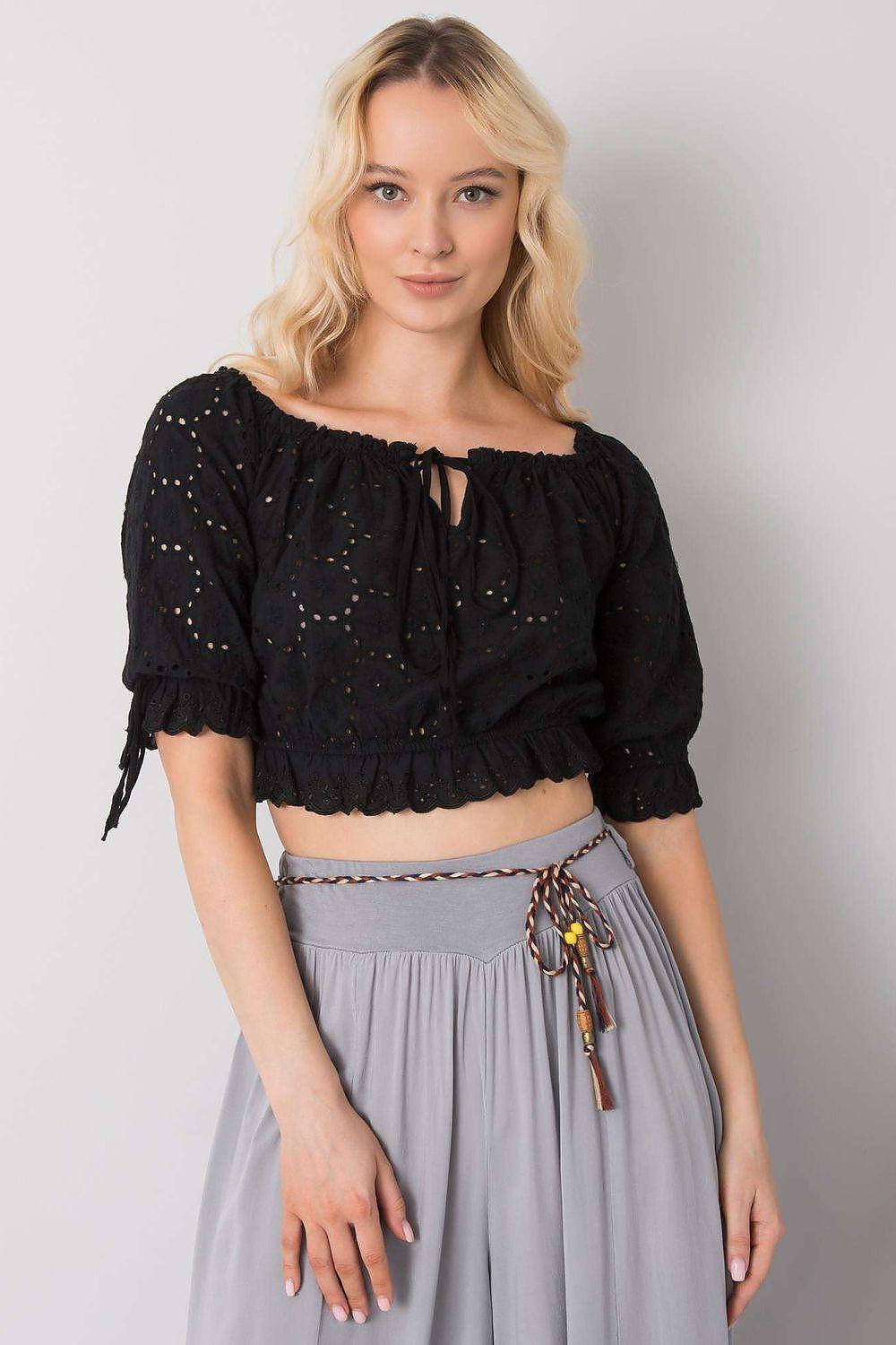 Black openwork cotton blouse with tie-front, puff sleeves, cropped neckline