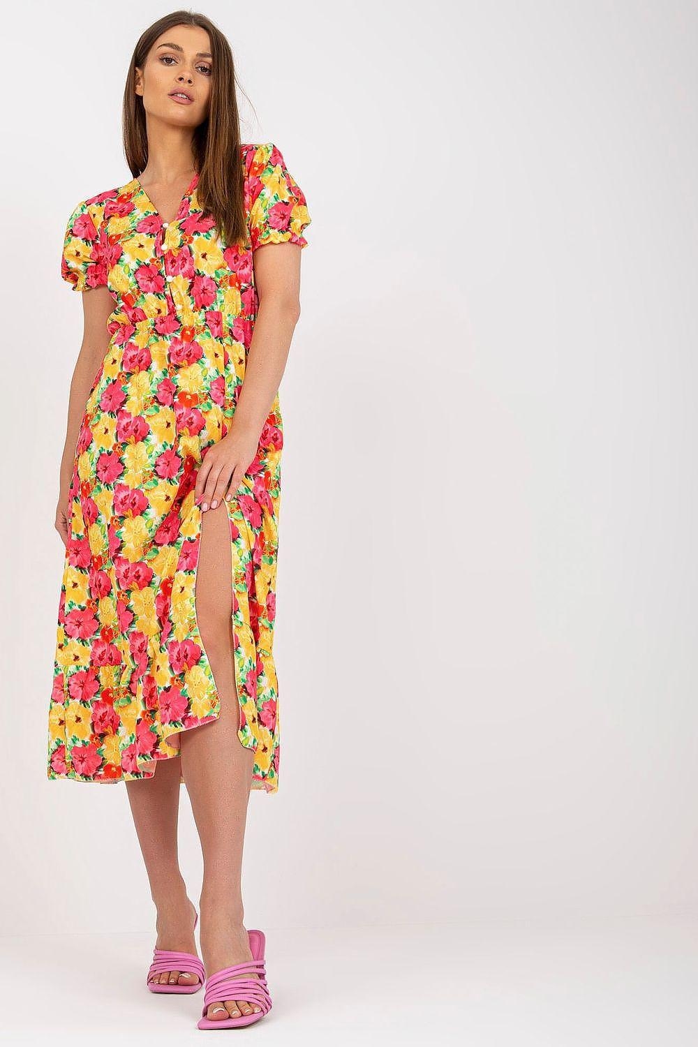 Floral daydress with short puff sleeves, V-neck, red floral pattern on yellow