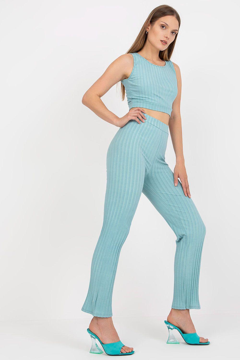 Two-piece knit set with sleeveless crop top and long pants, teal