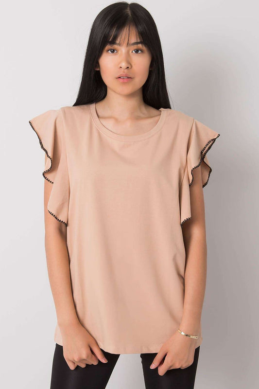 Beige cotton-blend blouse with frill trim sleeves and crew neckline
