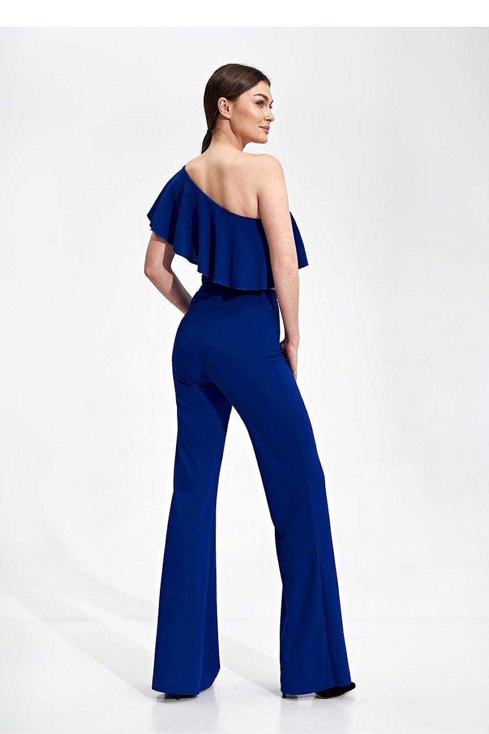 Women's navy blue wide-leg trousers with long flared fit, side view