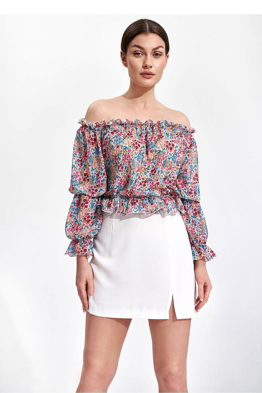 Off-shoulder floral blouse with long puff sleeves, multicolor print