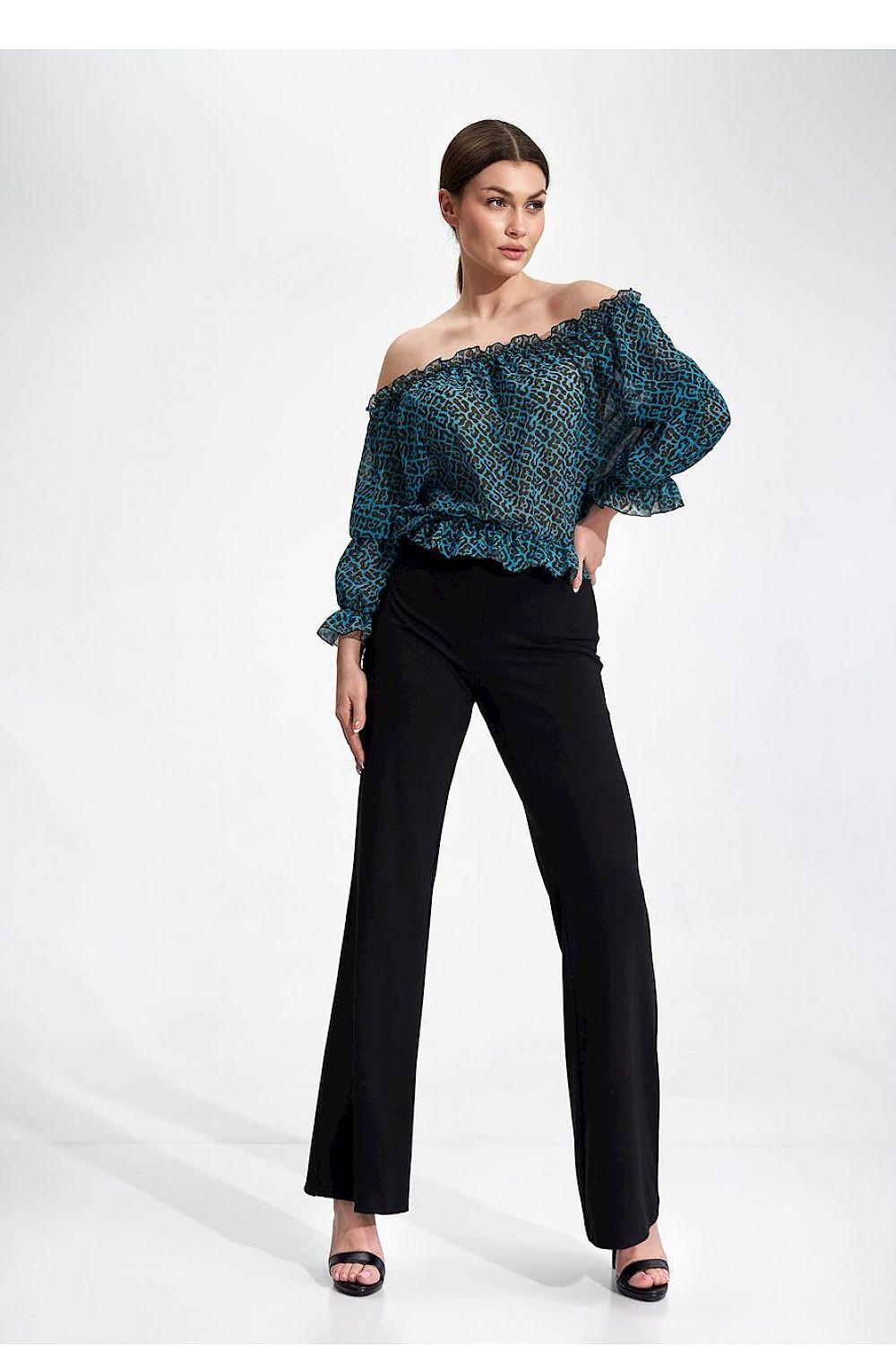 Off-shoulder animal-print blouse in teal with ruffled neckline and long puff sleeves