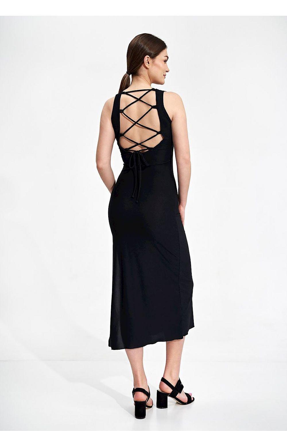 Black sleeveless midi daydress with crisscross open back and tied straps