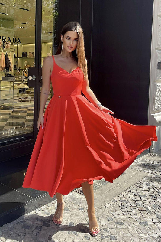 Red midi daydress with V-neck, fitted bodice, and wide flared skirt