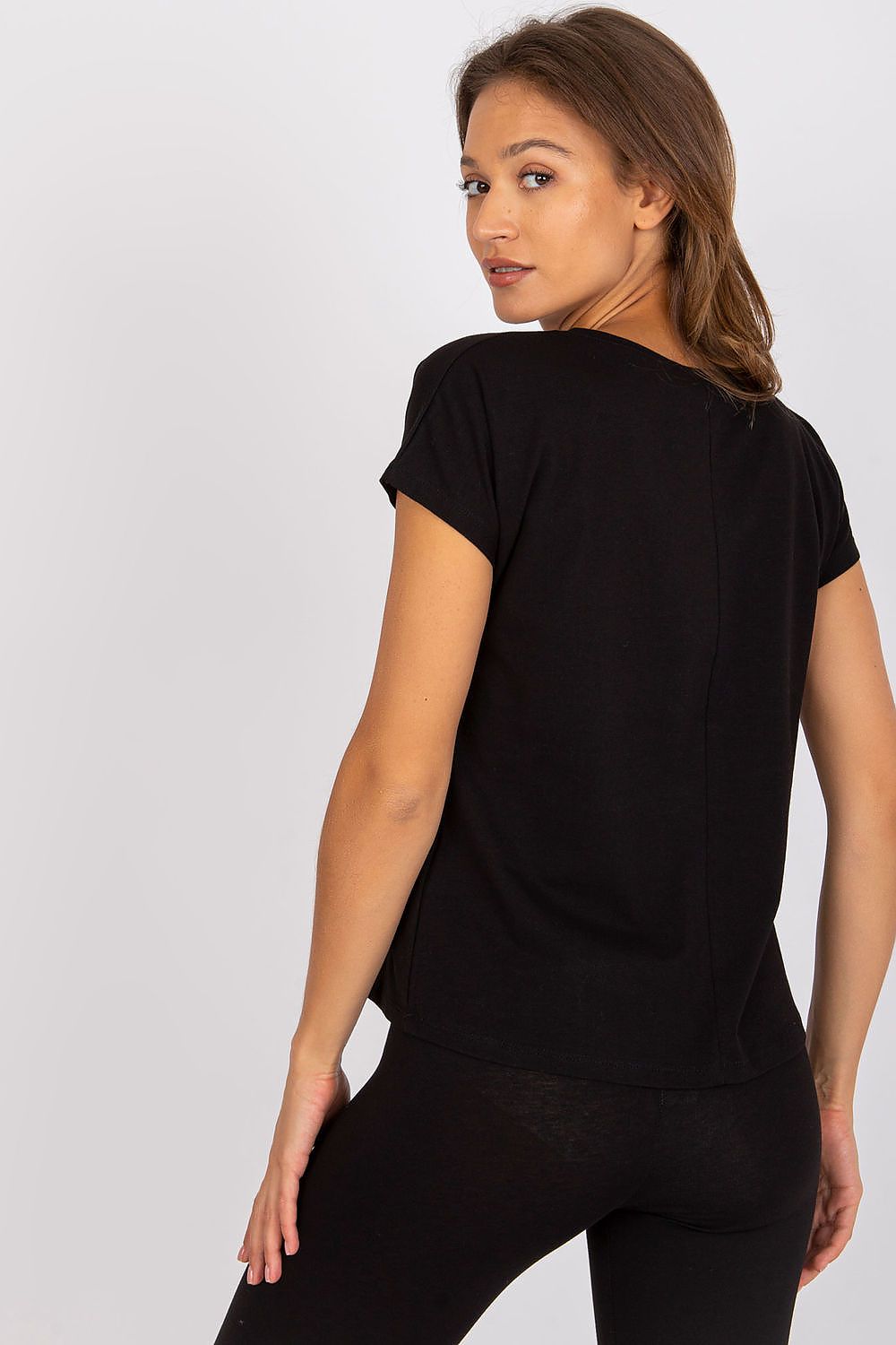 Black short-sleeve T-shirt with V-neckline, side profile.